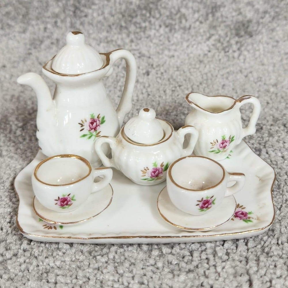 Miniature Tea Set White Pink Floral Rose Gold Trim Taiwan OS